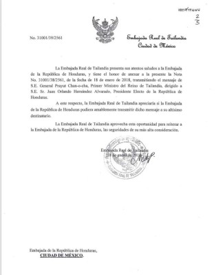 El Reino de Tailandia respalda al Gobierno de Juan Orlando Hernández