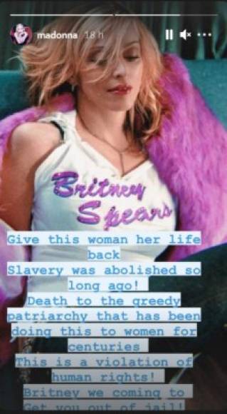 'Devuélvanle a esta mujer su vida. La esclavitud se abolió hace mucho tiempo. Muerte al codicioso patriarcado que lleva siglos haciendo esto mismo a las mujeres', ha añadido la veterana artista de 62 años, que protagonizó uno de los momentos más icónicos de la historia de MTV cuando besó a Britney durante su actuación conjunta en los Video Music Awards de 2003.
