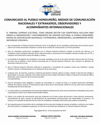 Comunicado del Tribunal Supremo Electoral