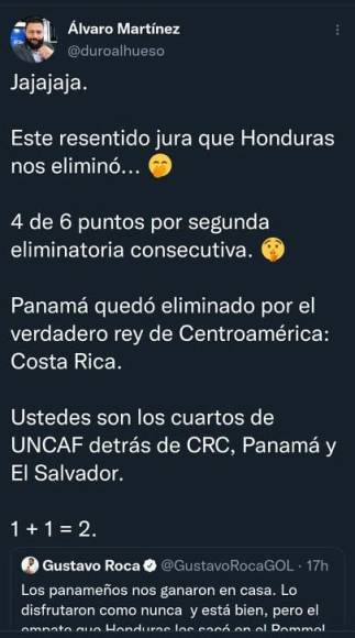 El periodista panameño Álvaro Martínez ha tenido un cruce de palabras con el hondureño Gustavo Roca: “Ustedes (Honduras) son los cuartos de Uncaf detrás de Costa Rica, Panamá y El Salvador”, disparó.