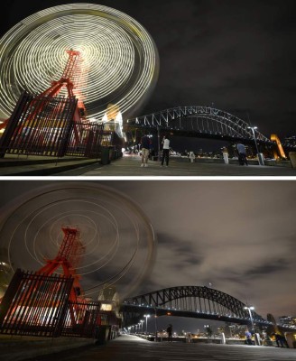 This combo shows photos of the ferris wheel at Luna Park and Sydney Harbour Bridge before (top) being plunged into darkness (bottom) for the Earth Hour environmental campaign in Sydney on March 25, 2017.The lights went out on two of Sydney's most famous landmarks for the 10th anniversary of the climate change awareness campaign Earth Hour, among the first landmarks around the world to dim their lights for the event. / AFP PHOTO / PETER PARKS