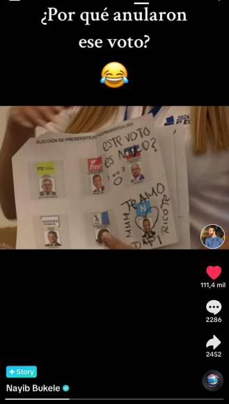 A través de una historia de TikTok, el polémico mandatario salvadoreño posteó una papeleta donde se pregunta ¿Por qué anularon este voto?, seguidamente de un emoji de una risa.