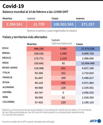 Balance mundial de la pandemia del nuevo coronavirus al 14 de febrero a las 11H00 GMT - AFP / AFP