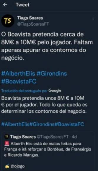 Medios portugueses señalan que el Boavista pretende de 8 a 10 millones de euros por el traspaso de Alberth Elis. El hondureño llega al Burdeos cedido a préstamo y en el 2022 decidirá si lo compra.