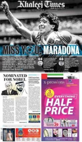El diario Khaleej Times de Dubái - 'Te extraño, Maradona'.