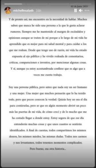 La modelo e influencer de 31 años comenzó su mensaje explicando que aunque es una figura pública, ella ha preferido mantenerse al margen de los escándalos por su propia paz y salud mental.