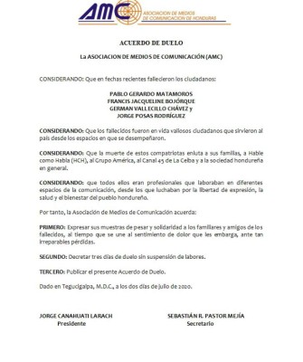 Asociación de Medios de Comunicación lamenta muerte de comunicadores