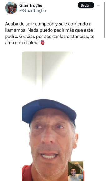Gian Troglio, hijo de Pedro Troglio, dejó un lindo mensaje y compartió la fotografía de una videollamada con el estratega tras ganar la final ante Motagua.