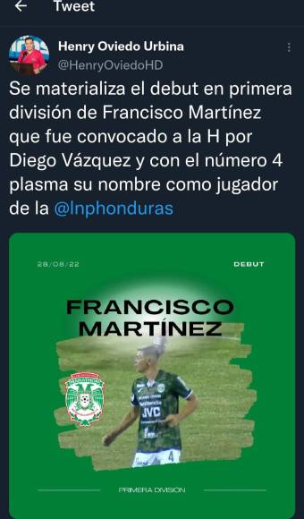 “Se materializa el debut en primera división de Francisco Martínez, que fue convocado a la H por Diego Vázquez “, escribió el periodista Henry Oviedo.