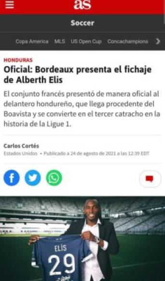 El Diario AS señaló que Elis en el tercer hondureño en llegar al fútbol de Francia.