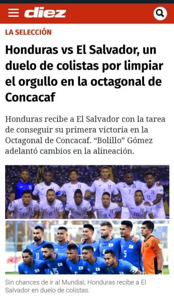 Diario Diez indicó que el Honduras vs El Salvador es duelo de colistas.