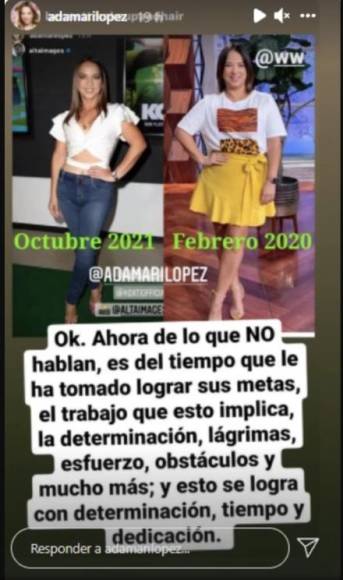 “Ahora de lo que no hablan es del tiempo que le ha tomado lograr sus #metas, el trabajo que esto implica, la determinación las #lágrimas, #esfuerzo, #obstáculos y mucho más; y esto se logra con #determinación, tiempo y dedicación”, dice el mensaje de la nota que Adamari reposteó en sus #InstagramStories.