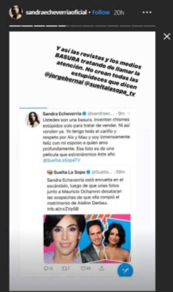 En Instagram stories compartió la imagen de ambos tuits y añadió el mensaje: “Y así las revistas y los medios BASURA tratando de llamar la atención. No crean todas las estupideces que dicen”.