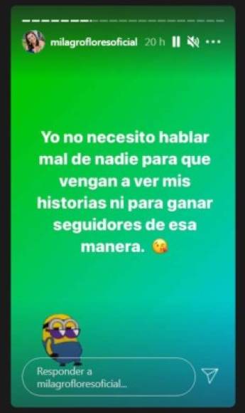 Tras la polémica, Milagro Flores dijo que no tenía nada en contra de Alejandra Rubio y que la respetaba a ella y a su trabajo. 'Yo no necesito hablar mal de nadie para que vengan a ver mis historias, ni para ganar seguidores de esa manera', escribió Milagro Flores en una de sus historias de Instagram.<br/>