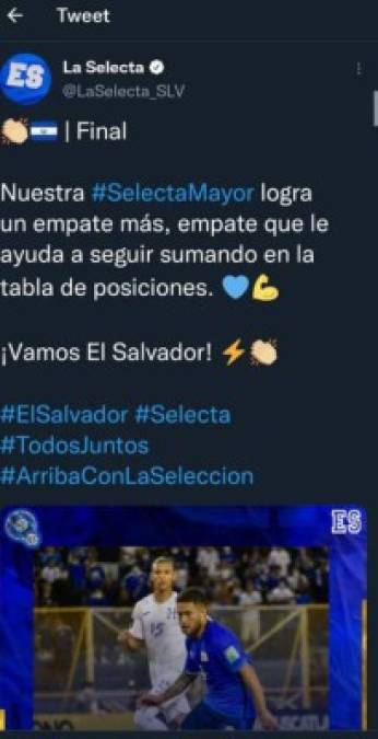 La Federación de Fútbol de El Salvador señaló que el empate ante Honduras le ayuda a seguir sumando en la octagonal.