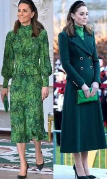 Kate Middleton vistió de verde en honor al país anfitrión. La madre de tres lució un nuevo abrigo a medida de Catherine Walker y un vestido de Alessandra Rich.