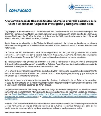 Alto Comisionado pide esclarecer muerte de joven asesinado por militar&nbsp;