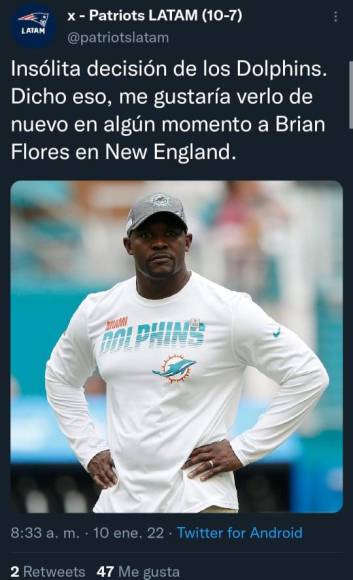 Antes de ser entrenador de los Dolphins, Brian Flores trabajó por muchos años como parte del cuerpo técnico de los New England Patriots y ahora cuentas alusivas a este equipo han señalado que les gustaría volver a tener al catracho.