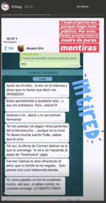 Este martes, la también modelo mostró una supuesta conversación que tuvo con su abuelo, el cantante Enrique Guzmán, en la que le escribió que no contara con él tras los comentarios de ella de que desconocía a su nuevo primo, Apolo Alejandro, hijo de su tío, Luis Enrique Guzmán.