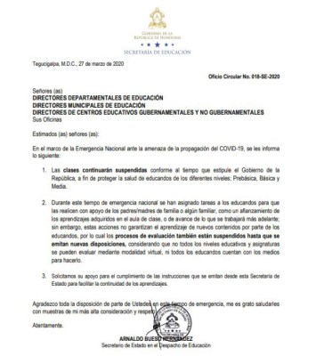 Secretaría de Educación: Continuarán suspendidas las clases en Honduras