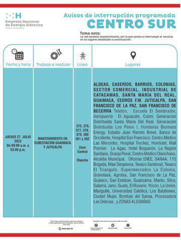 Zonas sin energía eléctrica este jueves 27 de julio en Honduras