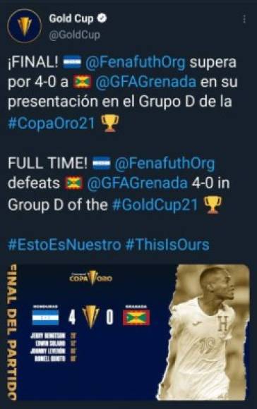 La Concacaf en sus redes sociales oficial señaló que Honduras superó a Granada en su presentación por la Copa Oro 2021.