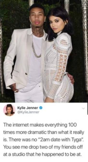 Al momento de anunciar su ruptura con Travis se dijo que Kylie había corrido a refugiarse a los brazos de su antiguo novio Tyga, quien se creyó era el padre de Stormi.<br/><br/>Sin embargo ella negó haber estado con el rapero y dijo que solo había pasado dejando a dos amigos en el estudio donde resultó haber estado su ex, nada más.<br/><br/>