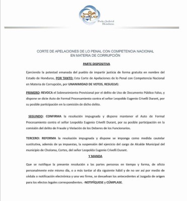 Corte ordena suspender del cargo al alcalde de Choloma, Leopoldo Crivelli