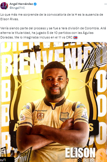 Ángel Hernández: “Lo que más me sorprende de la convocatoria de la H es la ausencia de Elison Rivas. Venía siendo parte del proceso y se fue a Primera división de Colombia. Allá alterna la titularidad, ha jugado 5 de 10 partidos con las Águilas Doradas”.