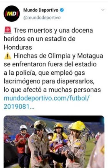 Mundo Deportivo de España informó sobre la tragedia en el clásico de Honduras.