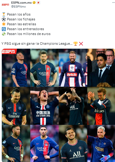“Pasan los millones de euros y PSG sigue sin ganar la Champions League...”, agrega ESPN.