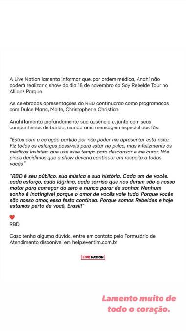 También confirma que los demás integrantes de RBD continuarán con la gira.