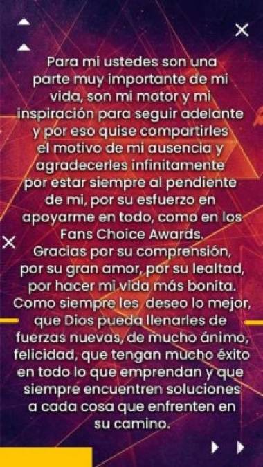 En el texto, Angie Flores agradeció el apoyo de sus fans y les prometió que ya está poniendo de su parte para tratar su problema de salud, del cual no dio más detalles.