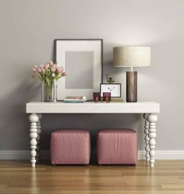 Rendering of an Elegant chic brown console table with stools