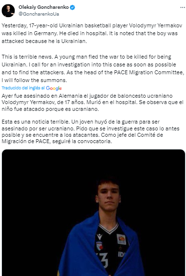 Asimismo, el presidente del Comité de Migración compartió un mensaje sobre el ataque al joven jugador solo por ser “ucranianos”.