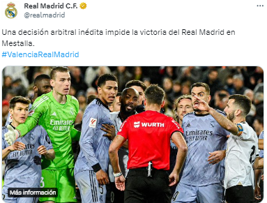 Indignación del Real Madrid: “Una decisión arbitral inédita impide la victoria del Real Madrid en Mestalla”.