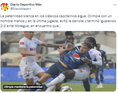 Diario Más: “La paternidad blanca en los clásicos capitalinos sigue, Olimpia con un hombre menos y en la última jugada y evitó la derrota”.