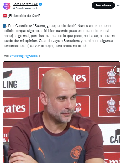 “Bueno, ¿qué puedo decir? Nunca es una buena noticia porque algo no salió bien cuando pasa eso, cuando un club maneja algo mal, pero las razones de lo que pasó, no las sé, así que no puedo dar mi opinión. Cuando vaya a Barcelona y hable con algunas personas de allí, tal vez lo sepa, pero ahora no lo sé”, dijo Guardiola sobre el despido de Xavi.