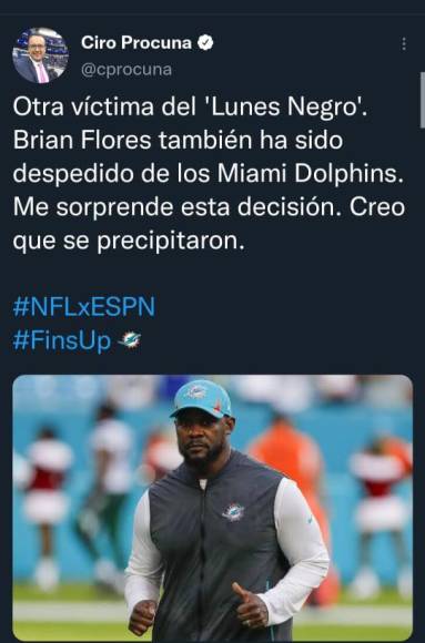 Ciro Procuna, periodista experto de la NFL y que labora en ESPN, indicó que le sorprendió el despido de Brian Flores y además señaló que ha sido una decisión precipitada.