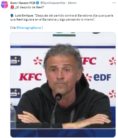 Luis Enrique sobre el despido de Xavi: “Después del partido contra el Barcelona dije que quería que Xavi siguiera en el Barcelona y sigo pensando lo mismo”.