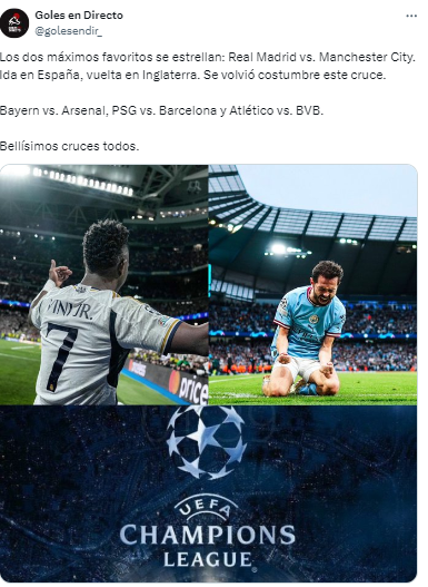 Goles en directo: “Los dos máximos favoritos se estrellan: Real Madrid vs. Manchester City. Ida en España, vuelta en Inglaterra. Se volvió costumbre este cruce”.