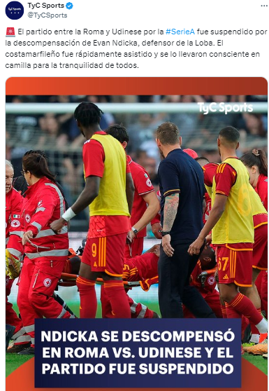 Sin embargo, De Rossi, visiblemente afectado y preocupado, pidió al colegiado y al entrenador rival, Daniele Cioffi, suspender el partido por la complejidad de la situación.