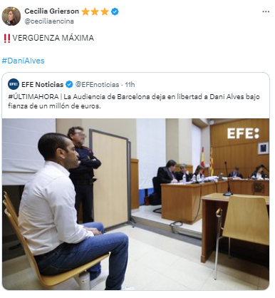 “Vergüenza máxima” son otros de los comentarios en redes sociales sobre Dani Alves.