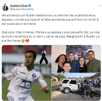 Gustavo Roca de Diario Diez: “Me solidarizo con Rubén Matamoros y su familia tras la pérdida de su esposa y uno de sus hijos en el fatal accidente que sufrieron en la CA-5 por culpa de un borracho”. 