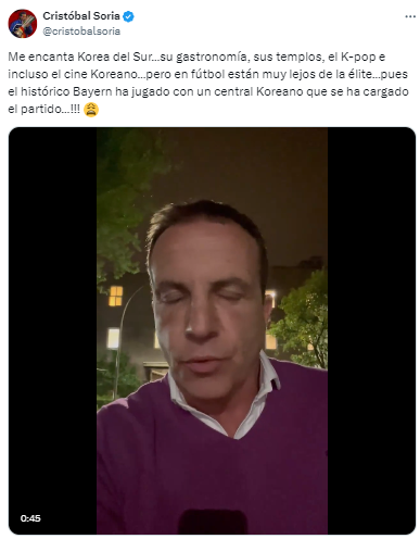 “¡¡¡Me encanta Corea del Sur...su gastronomía, sus templos, el K-pop e incluso el cine Koreano...pero en fútbol están muy lejos de la élite...pues el histórico Bayern ha jugado con un central Koreano que se ha cargado el partido...!!!”, Cristóbal Soria de España señala al culpable del empate.