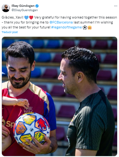 Ikay Gündogan se despide de Xavi: “¡Gracias, Xavi! Estoy muy agradecido por haber trabajado juntos esta temporada. ¡Gracias por traerme a Barcelona el verano pasado! ¡Te deseo todo lo mejor para tu futuro!”