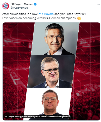 “Felicitaciones al Bayer Leverkusen por el histórico primer campeonato alemán en la historia del club. El título es absolutamente merecido para el Leverkusen: es la recompensa a una excelente temporada y a un gran fútbol”, afirma en un comunicado Herbert Hainer, presidente del Bayern, quien fijó el objetivo: “¡la copa tiene que volver a Múnich!”.