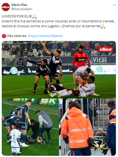 Diario DIEZ: “¡UNIDOS POR ELIS! Alberth Elis fue sometido a coma inducido ante un traumatismo craneal, debido al choque contra otro jugador. ¡Oremos por la panterita!”