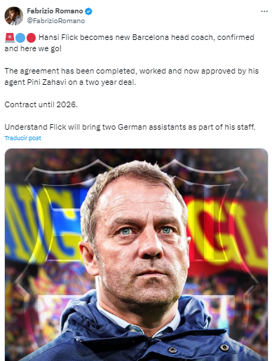 “Hansi Flick se convierte en el nuevo entrenador del Barcelona, confirmado. Contrato hasta 2026”, fue la información que adelantó Fabrizio Romano.