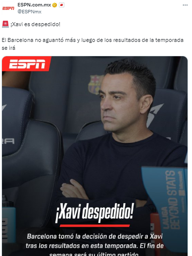 “El Barcelona no aguantó más y luego de los resultados de la temporada se irá”, anunció ESPN.